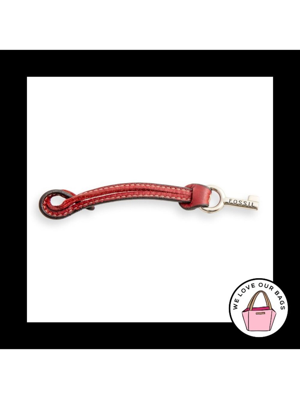 FOSSIL KEY Silver Nickel Metal Red Leather Strap Bag Charm Hang Tag Keychain Fob